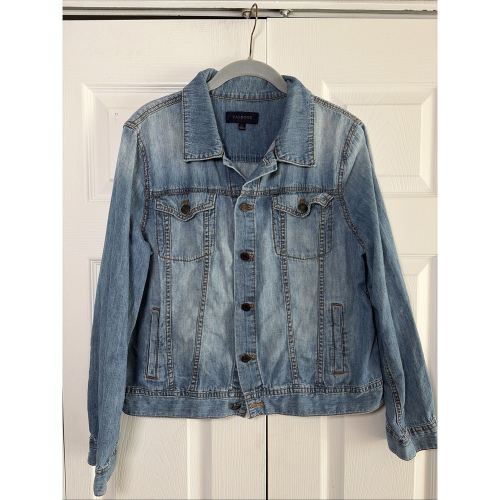 Talbots Classic Denim Trucker Jacket Womens Size L Blue Light Wash 100% Cotton